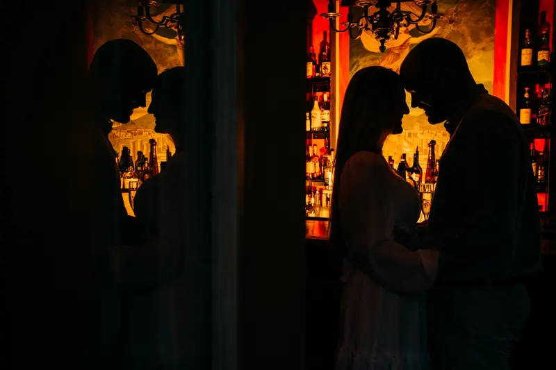 Engagement portrait with warm romantic light